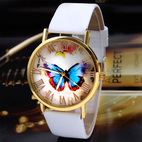 Biele hodinky s motýlom na ciferníku