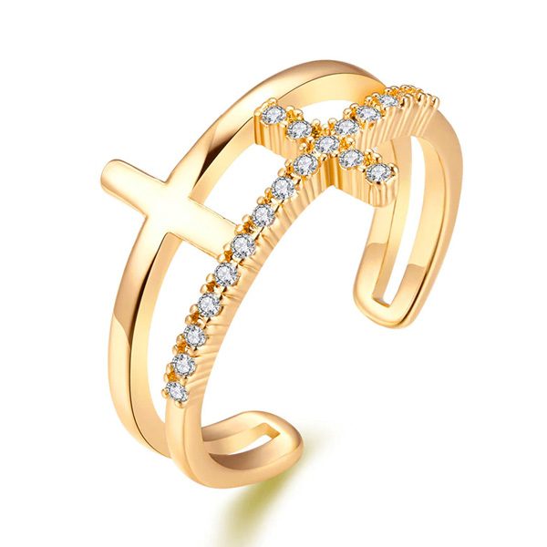 Dvojitý prsteň s krížikmi a kryštálmi v zlatej farbe